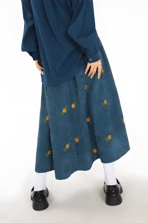 Quick Outfits, Modest Fashion Outfits Ideas Sunflower Embroidered Corduroy Maxi Skirt