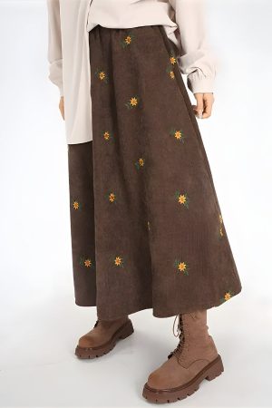 Quick Outfits, Modest Fashion Outfits Ideas Sunflower Embroidered Corduroy Maxi Skirt