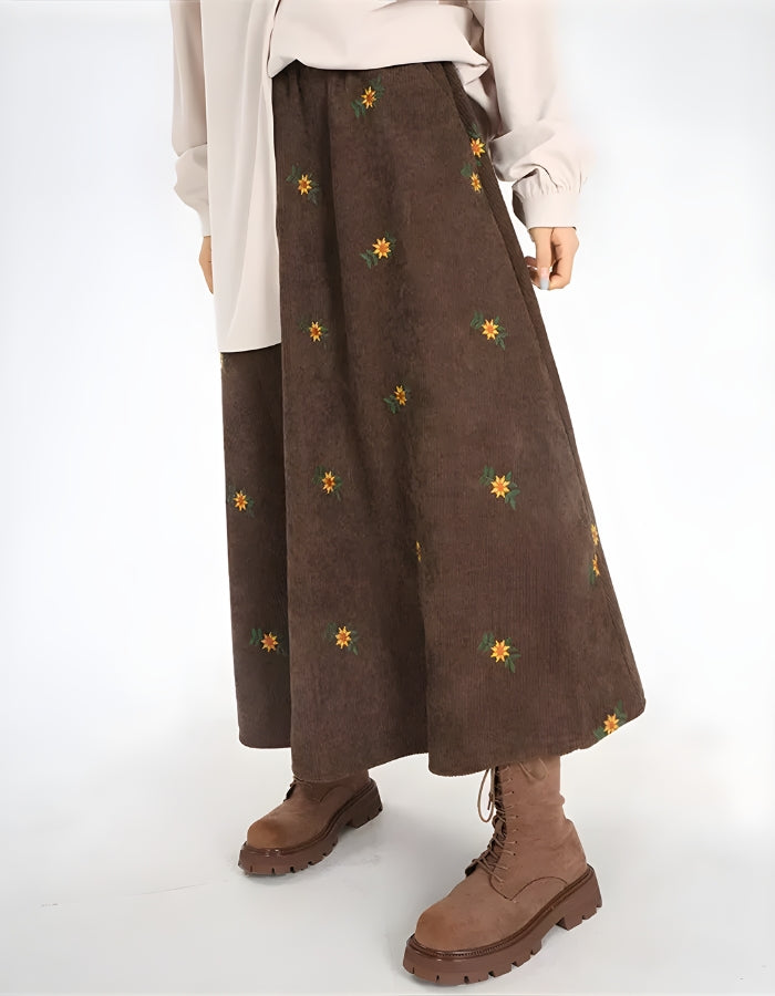 Quick Outfits, Modest Fashion Outfits Ideas Sunflower Embroidered Corduroy Maxi Skirt Quick Outfits, Modest Fashion Outfits Ideas Sunflower Embroidered Corduroy Maxi Skirt