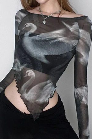 Quick Outfits, Modest Fashion Outfits Ideas Swan Graphic Asymmetrical Mesh Top
