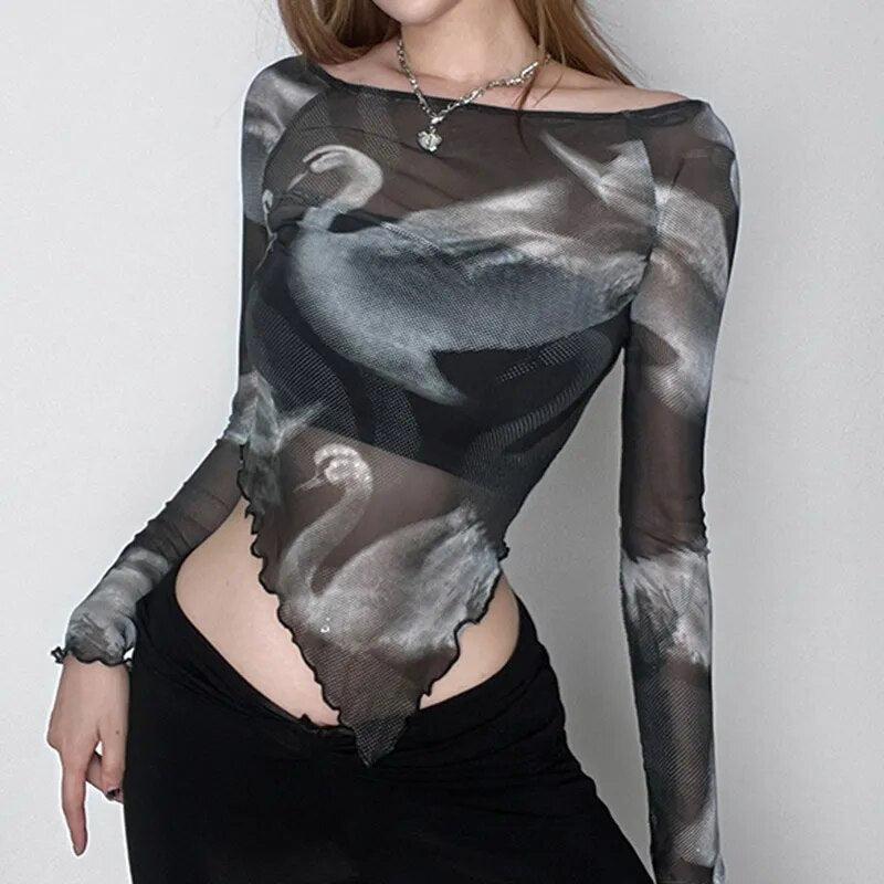 Quick Outfits, Modest Fashion Outfits Ideas Swan Graphic Asymmetrical Mesh Top Quick Outfits, Modest Fashion Outfits Ideas Swan Graphic Asymmetrical Mesh Top