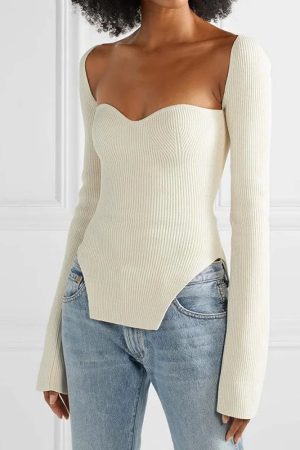 Quick Outfits, Modest Fashion Outfits Ideas Sweetheart Neckline Knitted Top