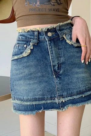 Quick Outfits, Modest Fashion Outfits Ideas Tasseled Denim Mini Skort