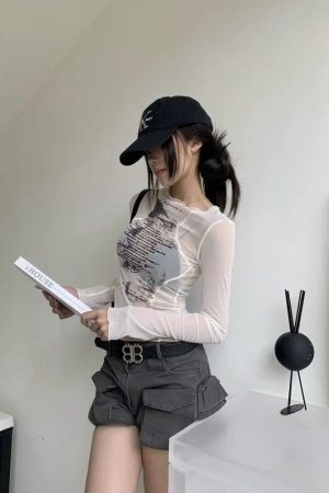 Quick Outfits, Modest Fashion Outfits Ideas Text Print Sheer Mesh Top