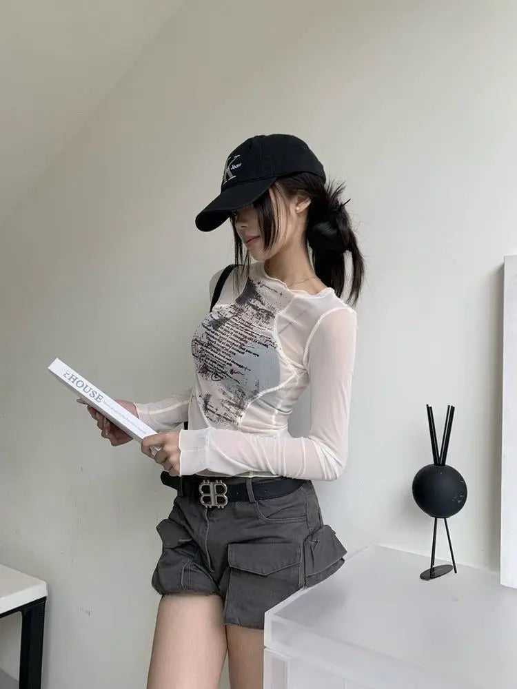 Quick Outfits, Modest Fashion Outfits Ideas Text Print Sheer Mesh Top Quick Outfits, Modest Fashion Outfits Ideas Text Print Sheer Mesh Top