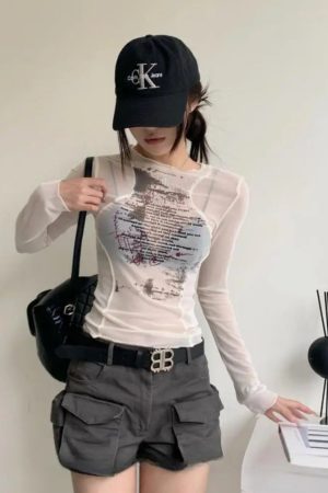 Quick Outfits, Modest Fashion Outfits Ideas Text Print Sheer Mesh Top