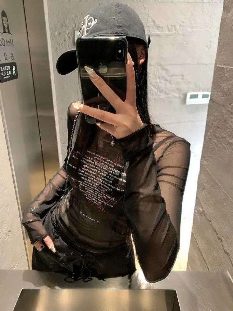 Quick Outfits, Modest Fashion Outfits Ideas Text Print Sheer Mesh Top Quick Outfits, Modest Fashion Outfits Ideas Text Print Sheer Mesh Top