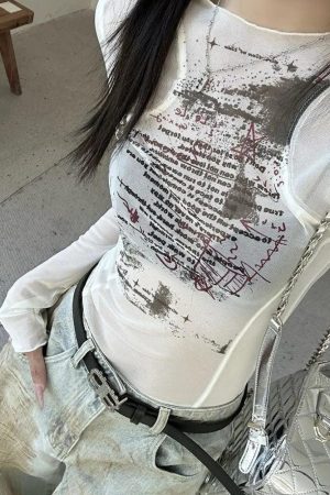 Quick Outfits, Modest Fashion Outfits Ideas Text Print Sheer Mesh Top