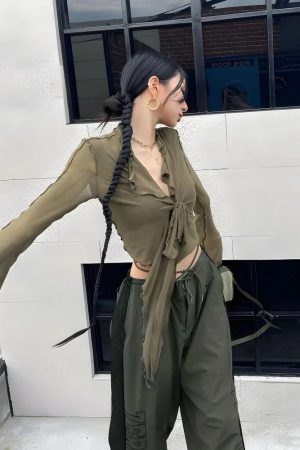 Quick Outfits, Modest Fashion Outfits Ideas Tie Front Mesh Top