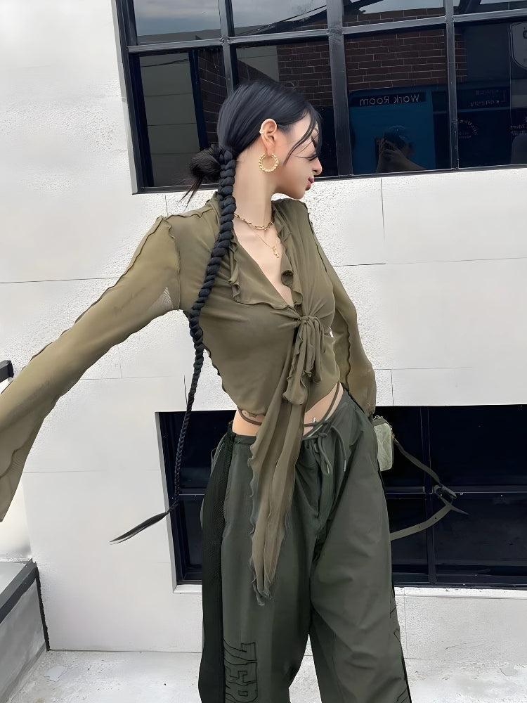 Quick Outfits, Modest Fashion Outfits Ideas Tie Front Mesh Top Quick Outfits, Modest Fashion Outfits Ideas Tie Front Mesh Top