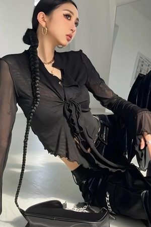 Quick Outfits, Modest Fashion Outfits Ideas Tie Front Mesh Top