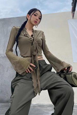 Quick Outfits, Modest Fashion Outfits Ideas Tie Front Mesh Top