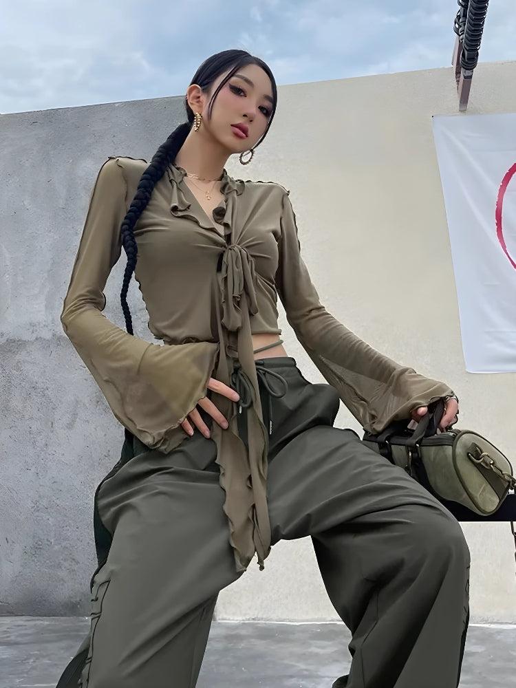 Quick Outfits, Modest Fashion Outfits Ideas Tie Front Mesh Top Quick Outfits, Modest Fashion Outfits Ideas Tie Front Mesh Top