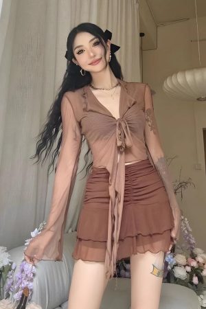 Quick Outfits, Modest Fashion Outfits Ideas Tie Front Mesh Top