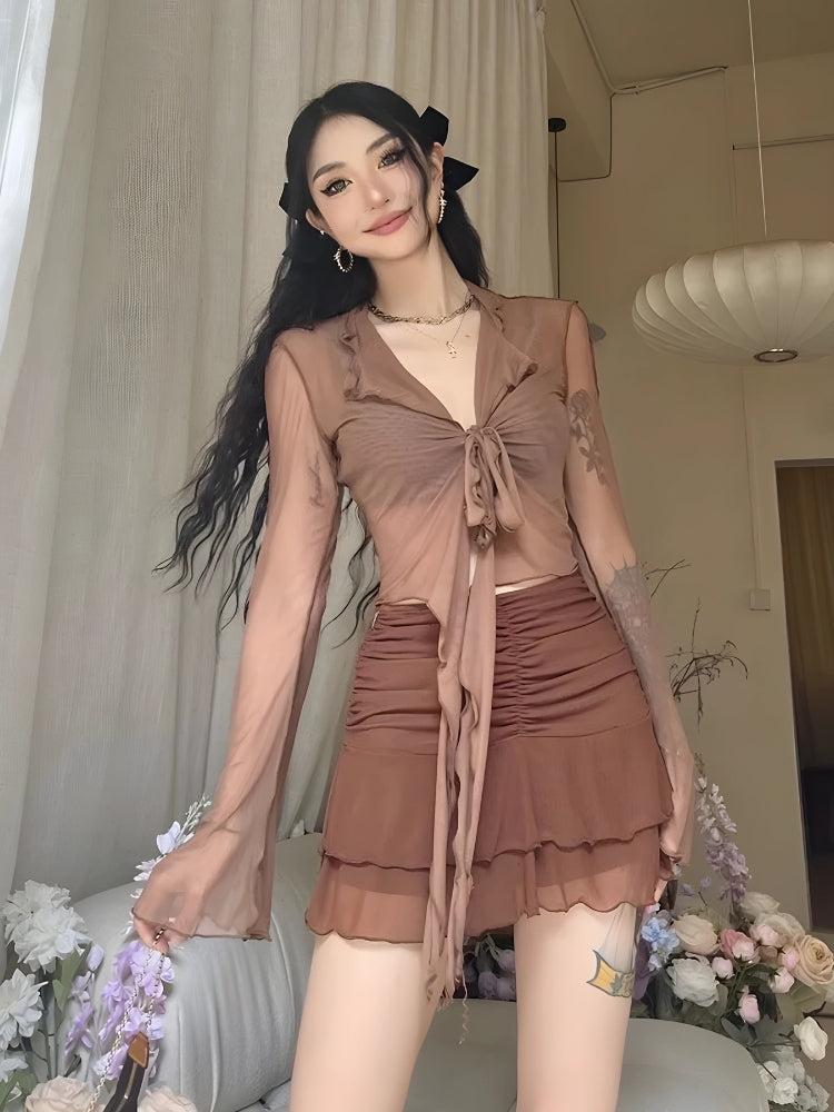 Quick Outfits, Modest Fashion Outfits Ideas Tie Front Mesh Top Quick Outfits, Modest Fashion Outfits Ideas Tie Front Mesh Top