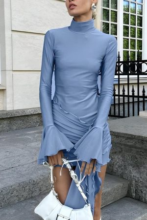 Quick Outfits, Modest Fashion Outfits Ideas Tie Front Turtleneck Mini Dress