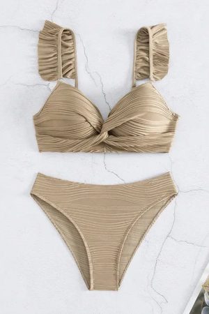 Quick Outfits, Modest Fashion Outfits Ideas Twisted Bust Ruffled Straps Bikini Set