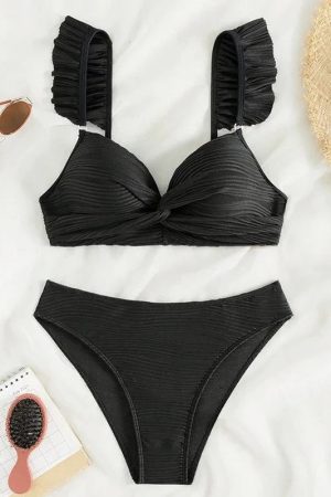 Quick Outfits, Modest Fashion Outfits Ideas Twisted Bust Ruffled Straps Bikini Set