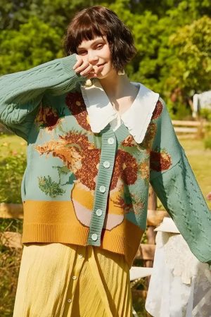 Quick Outfits, Modest Fashion Outfits Ideas Van Gogh Sunflowers Cardigan