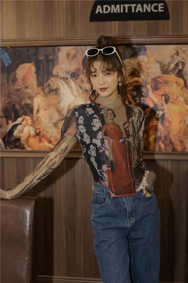 Quick Outfits, Modest Fashion Outfits Ideas Vintage Asymmetric Patch Mesh Top