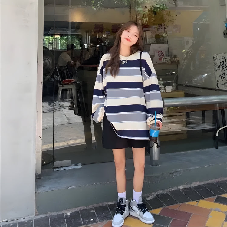 Quick Outfits, Modest Fashion Outfits Ideas Vintage Casual Striped Sweatshirt Quick Outfits, Modest Fashion Outfits Ideas Vintage Casual Striped Sweatshirt