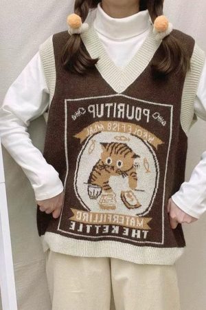 Quick Outfits, Modest Fashion Outfits Ideas Vintage Cat Sweater Vest