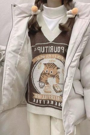 Quick Outfits, Modest Fashion Outfits Ideas Vintage Cat Sweater Vest