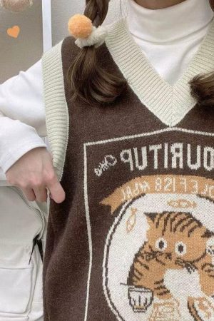 Quick Outfits, Modest Fashion Outfits Ideas Vintage Cat Sweater Vest