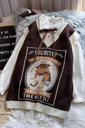 Quick Outfits, Modest Fashion Outfits Ideas Vintage Cat Sweater Vest