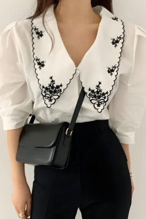 Quick Outfits, Modest Fashion Outfits Ideas Vintage Embroidered Collar Shirt