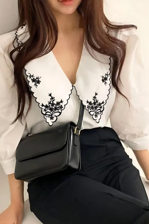 Quick Outfits, Modest Fashion Outfits Ideas Vintage Embroidered Collar Shirt
