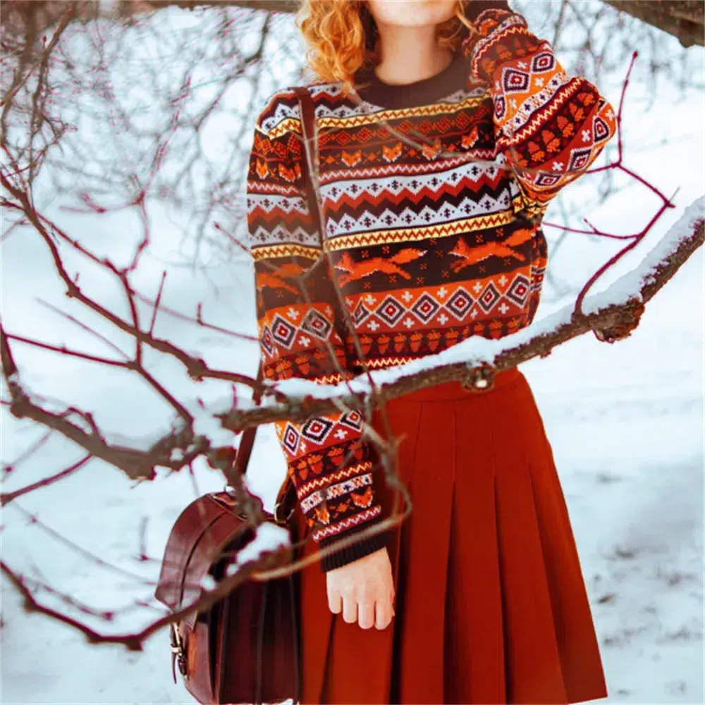 Quick Outfits, Modest Fashion Outfits Ideas Vintage Fox Embroidered Christmas Sweater