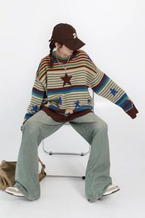 Quick Outfits, Modest Fashion Outfits Ideas Vintage Star Printed Knit Sweater