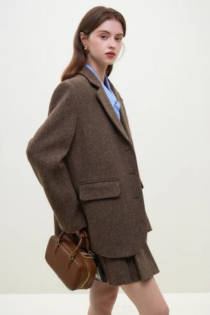 Quick Outfits, Modest Fashion Outfits Ideas Wool Blazer Jacket & Mini Skirt Two Piece Set