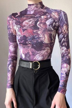 Quick Outfits, Modest Fashion Outfits Ideas Y2K Angel Graphic Mesh Top