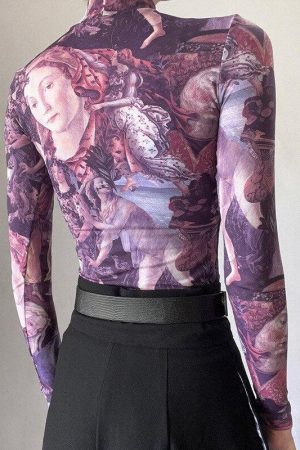 Quick Outfits, Modest Fashion Outfits Ideas Y2K Angel Graphic Mesh Top