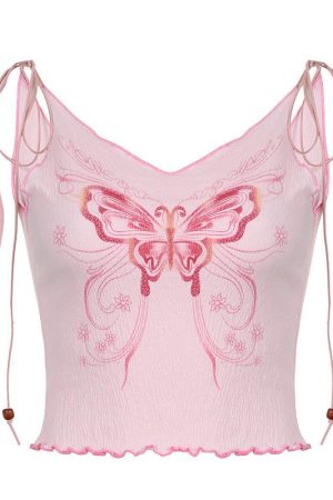 Quick Outfits, Modest Fashion Outfits Ideas Y2K Butterfly Pink Crop Top