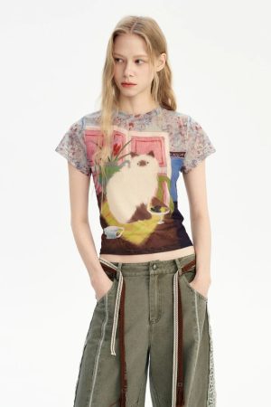 Quick Outfits, Modest Fashion Outfits Ideas Y2K Cat Graphic Tee