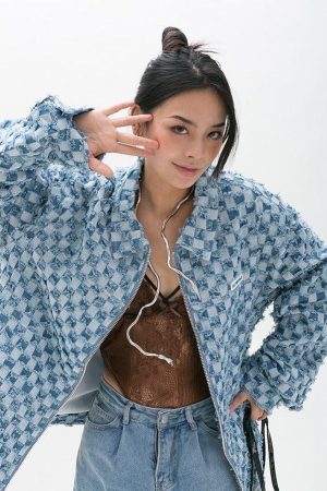 Quick Outfits, Modest Fashion Outfits Ideas Y2K Checkered Zip Up Jacket