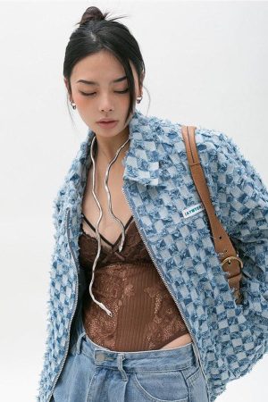 Quick Outfits, Modest Fashion Outfits Ideas Y2K Checkered Zip Up Jacket