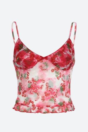 Quick Outfits, Modest Fashion Outfits Ideas Y2K Cherry Mesh Top