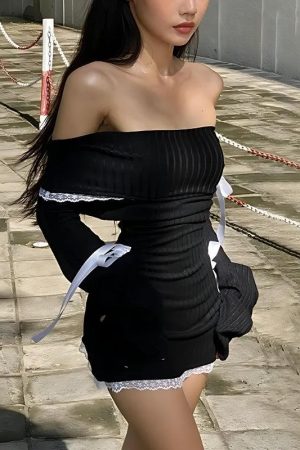 Quick Outfits, Modest Fashion Outfits Ideas Y2K Corduroy Off Shoulder Bow Mini Dress