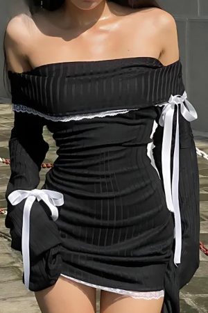 Quick Outfits, Modest Fashion Outfits Ideas Y2K Corduroy Off Shoulder Bow Mini Dress