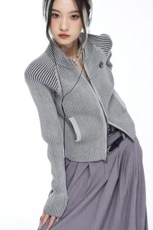 Quick Outfits, Modest Fashion Outfits Ideas Y2K Cyber Zip-Up Turtleneck Cardigan