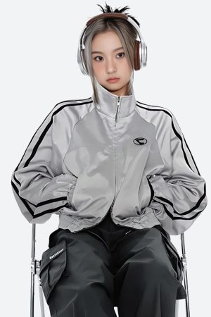 Quick Outfits, Modest Fashion Outfits Ideas Y2K Cyberpunk Reflective Double Zip-Up Jacket