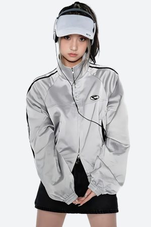 Quick Outfits, Modest Fashion Outfits Ideas Y2K Cyberpunk Reflective Double Zip-Up Jacket