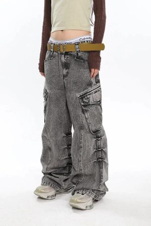 Quick Outfits, Modest Fashion Outfits Ideas Y2K Distressed Big Pockets Cargo Jeans