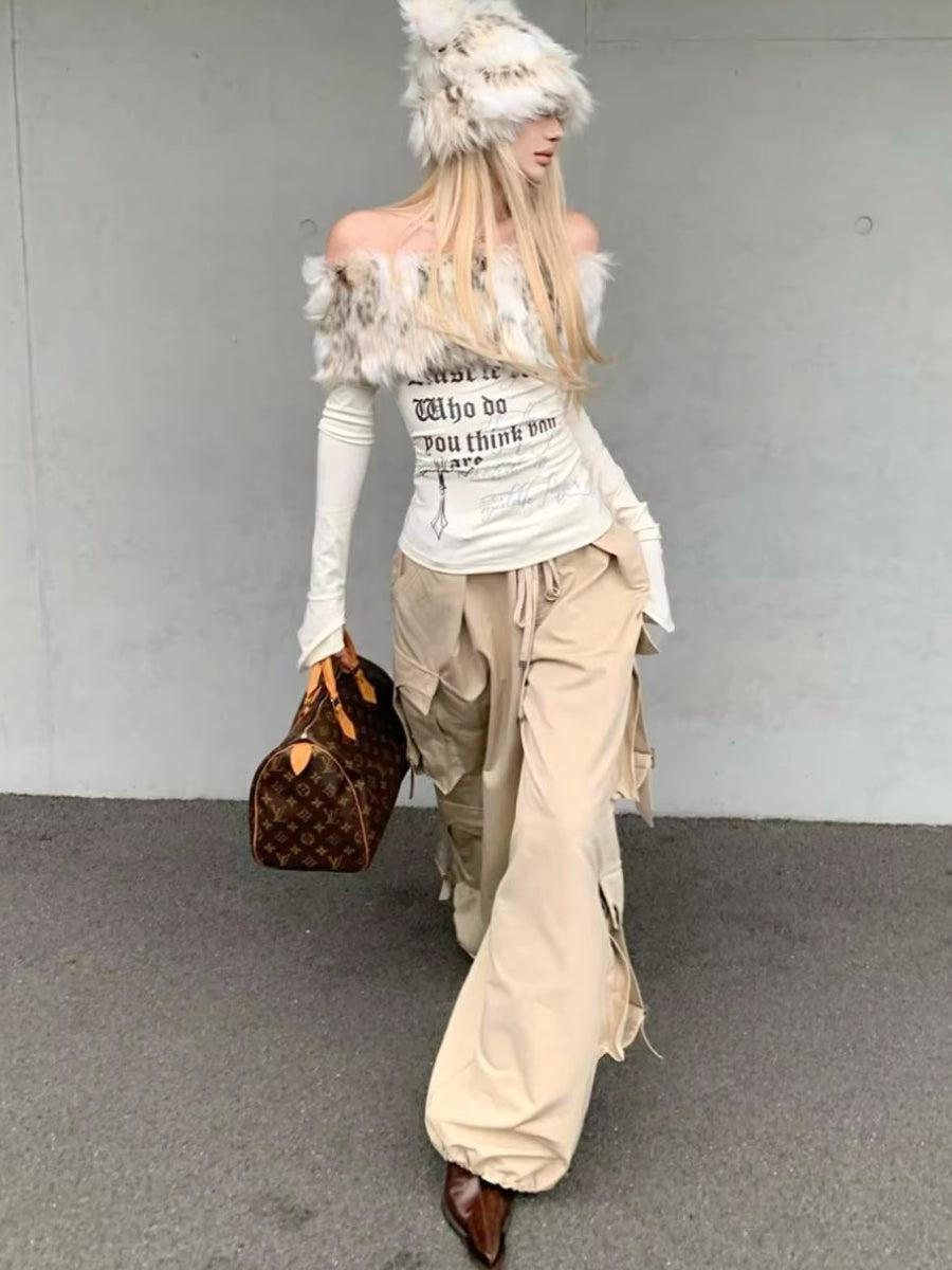 Quick Outfits, Modest Fashion Outfits Ideas Y2K Faux Fur Collar Top Quick Outfits, Modest Fashion Outfits Ideas Y2K Faux Fur Collar Top