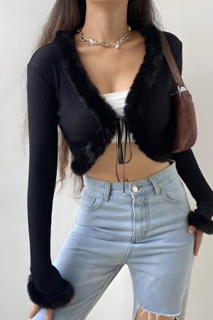 Quick Outfits, Modest Fashion Outfits Ideas Y2K Faux Fur Corduroy Crop Cardigan