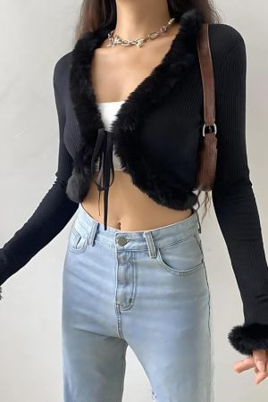 Quick Outfits, Modest Fashion Outfits Ideas Y2K Faux Fur Corduroy Crop Cardigan